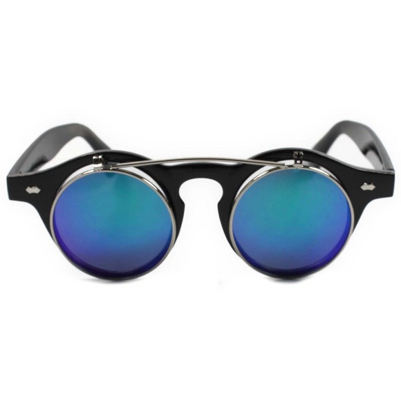 Retro 70s Urban Steampunk Black Green Mirrored Lens Round Flip Up Sunglasses - Picture 3 of 5